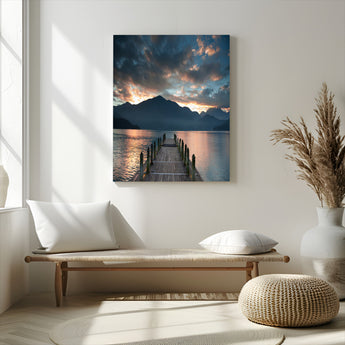 16043-MGV-CV-24X36-Mountain Lake Wall Art Canvas Print, Framed Sunset Reflection Art Picture Print, Calm Horizon Perfect Moody Nature Decor Artwork