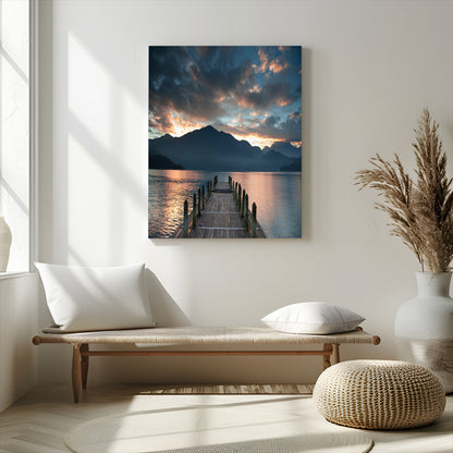 16043-MGV-CV-24X36-Mountain Lake Wall Art Canvas Print, Framed Sunset Reflection Art Picture Print, Calm Horizon Perfect Moody Nature Decor Artwork