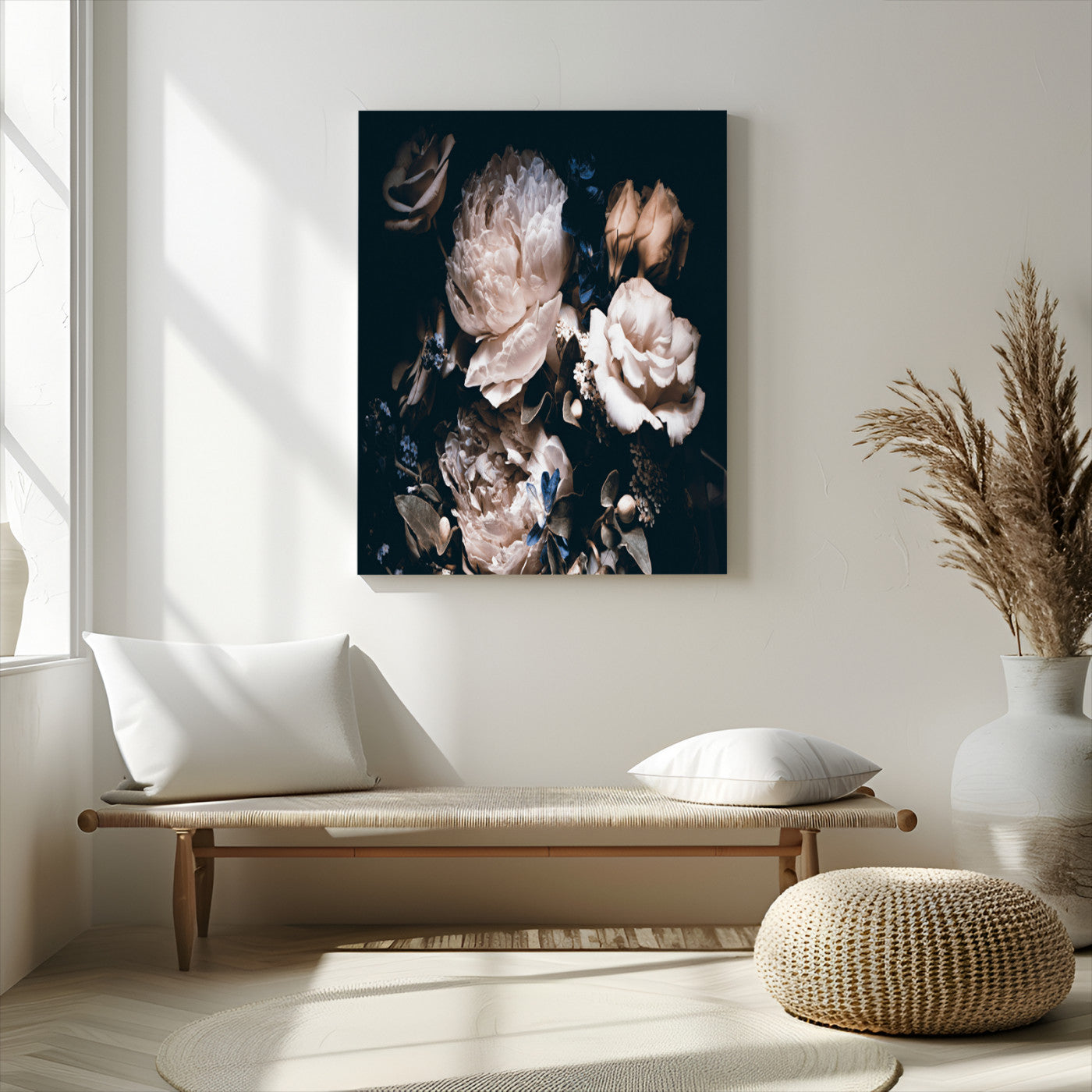 47195-MGV-CV-24X36-Moody Peonies Wall Art Canvas Print, Framed Dark Floral Art Picture Print, Creamy Rose Perfect Baroque Floral Decor Artwork