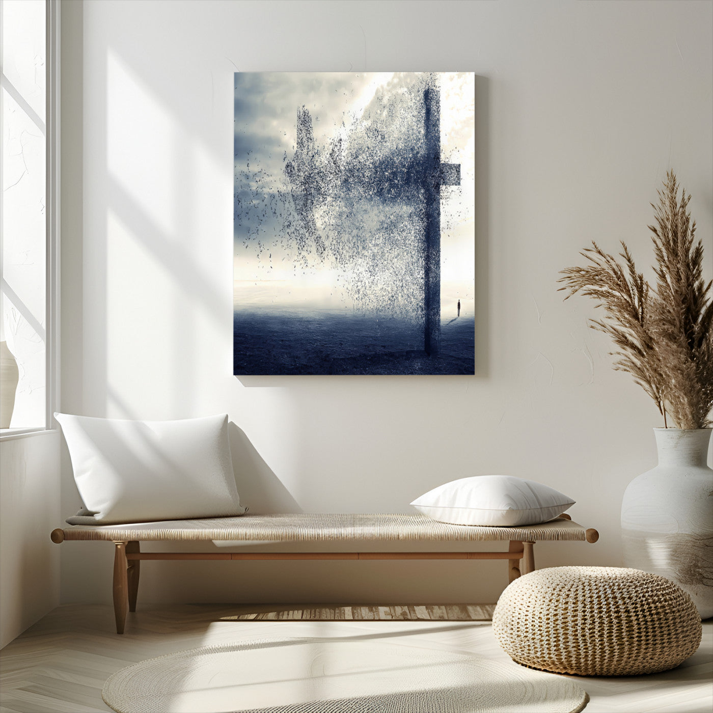 98984-MGV-CV-24X36-Disintegrating Cross Wall Art Canvas Print, Framed Abstract Symbol Art Picture Print, Conceptual Horizon Perfect Spiritual