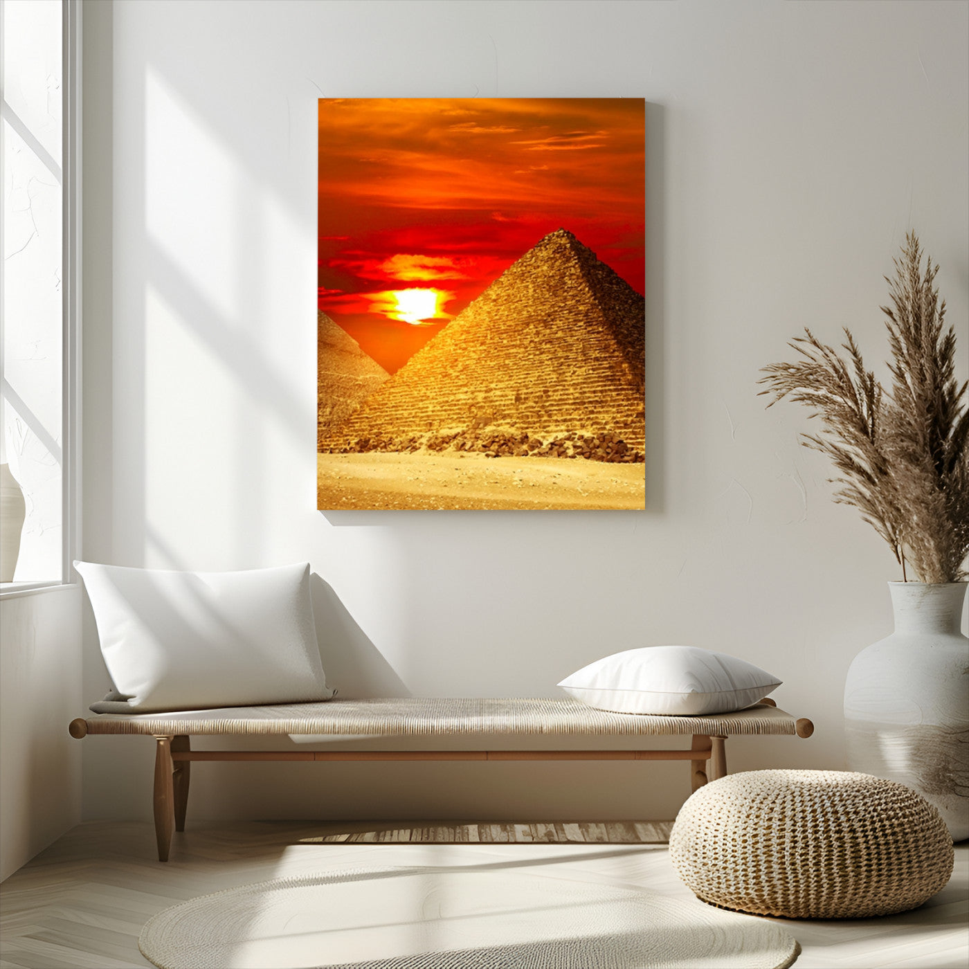 13047-MGV-CV-24X36-Pyramids Giza Wall Art – Golden Sunset Egypt Canvas Print, Ancient World Landmark Photography Decor for Living Room, Office, Study