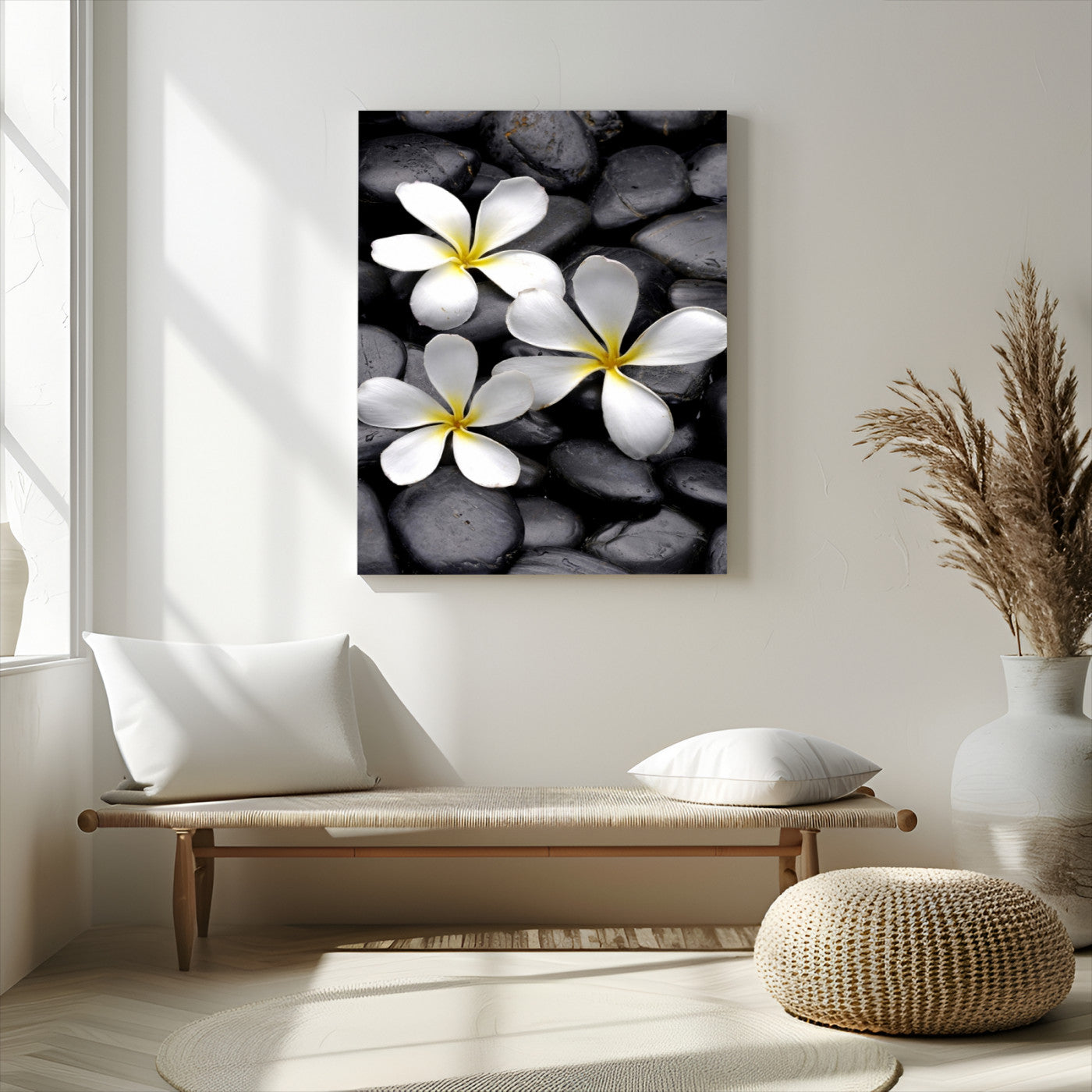 45657-MGV-CV-24X36-Large Wall Art White Flowers on Black Zen Meditation Stones Vertical Canvas Print
