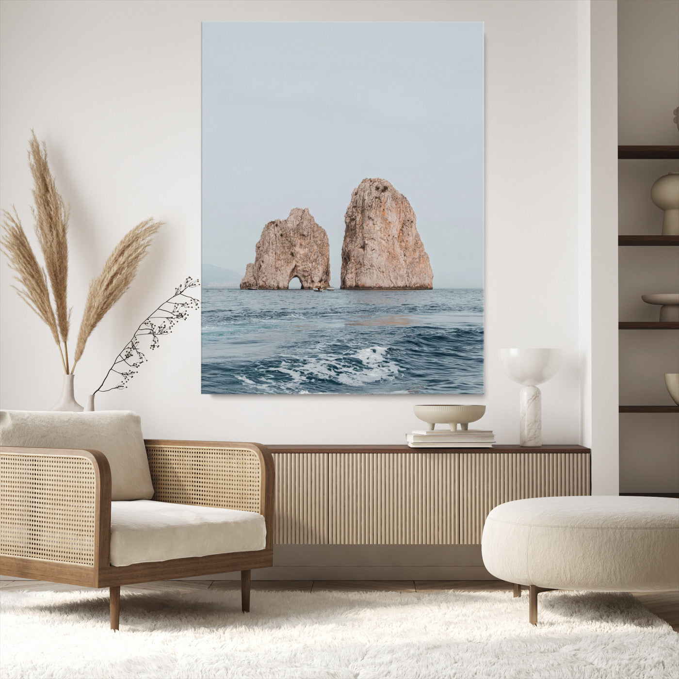 23148844-MGV-CV-24X36-Faraglioni Capri Wall Art Canvas Print, Framed Serene Ocean Art Picture Print, Mediterranean Coastal Perfect Mediterranean