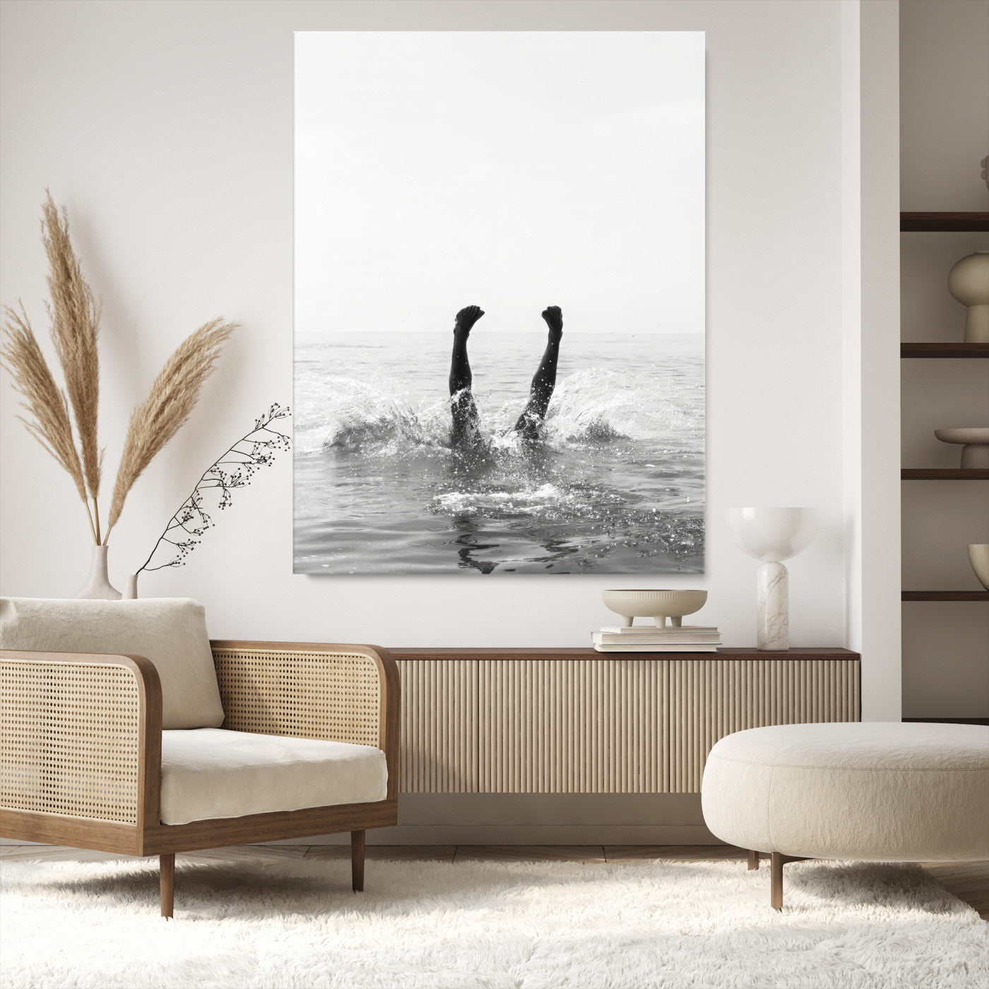 43900465-MGV-CV-24X36-Minimal Ocean Wall Art Canvas Print, Framed Monochrome Diving Art Picture Print, Swimmer in Sea Perfect Minimalist Coastal Decor