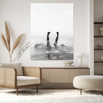 43900465-MGV-CV-24X36-Minimal Ocean Wall Art Canvas Print, Framed Monochrome Diving Art Picture Print, Swimmer in Sea Perfect Minimalist Coastal Decor