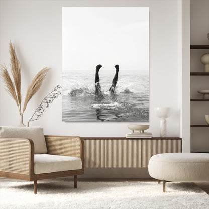 43900465-MGV-CV-24X36-Minimal Ocean Wall Art Canvas Print, Framed Monochrome Diving Art Picture Print, Swimmer in Sea Perfect Minimalist Coastal Decor
