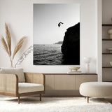 99497106-MGV-CV-24X36-Cliff Jumping Wall Art Canvas Print, Framed Black White Ocean Art Picture Print, Monochrome Cliff Perfect Minimalist Adventure