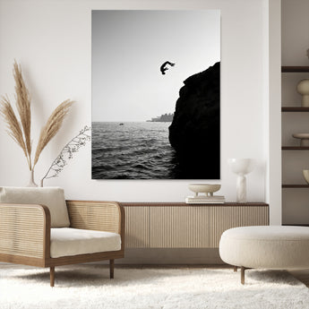 99497106-MGV-CV-24X36-Cliff Jumping Wall Art Canvas Print, Framed Black White Ocean Art Picture Print, Monochrome Cliff Perfect Minimalist Adventure