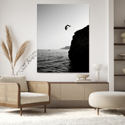 99497106-MGV-CV-24X36-Cliff Jumping Wall Art Canvas Print, Framed Black White Ocean Art Picture Print, Monochrome Cliff Perfect Minimalist Adventure
