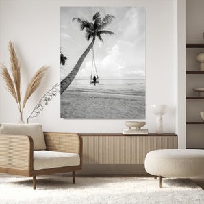 78460277-MGV-CV-24X36-Black White Palms Wall Art Canvas Print, Framed Beach Swing Art Picture Print, Monochrome Coastal Perfect Minimalist Coastal Decor