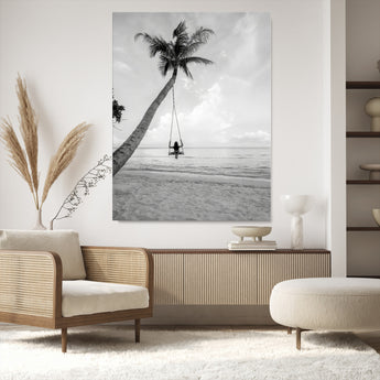 78460277-MGV-CV-24X36-Black White Palms Wall Art Canvas Print, Framed Beach Swing Art Picture Print, Monochrome Coastal Perfect Minimalist Coastal Decor