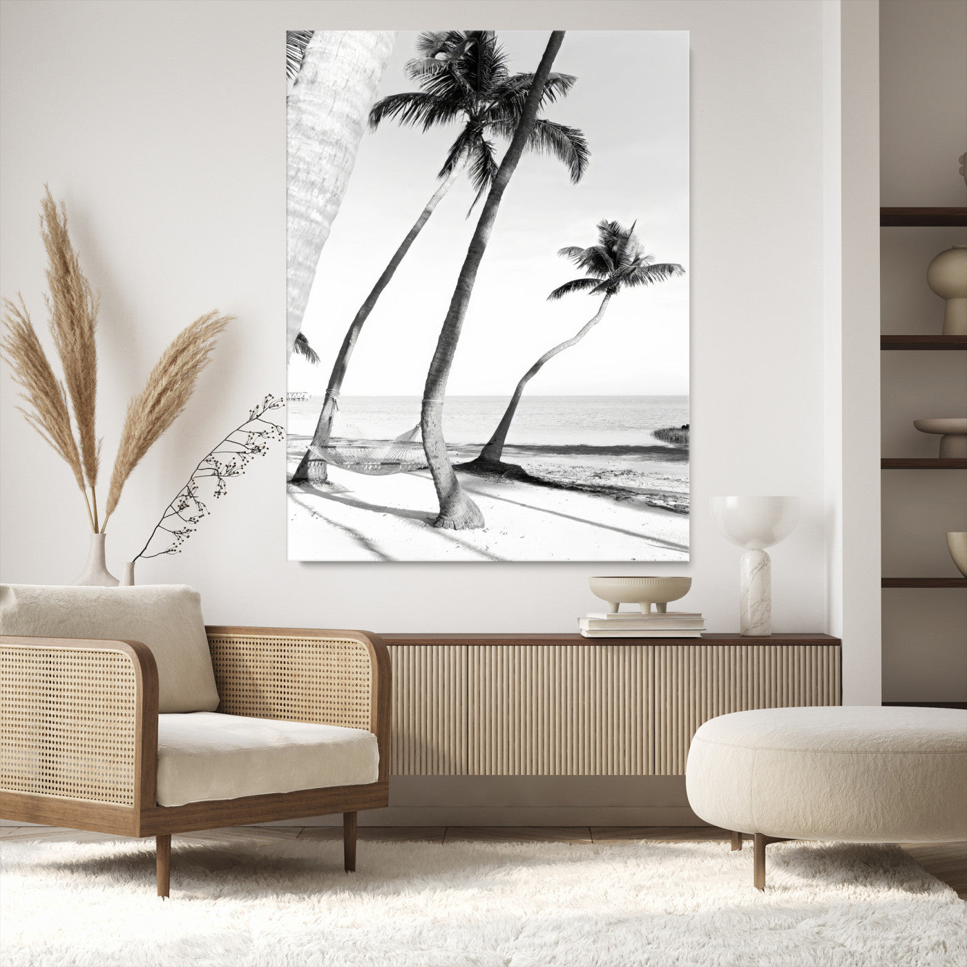 50406026-MGV-CV-24X36-Black White Palms Wall Art Canvas Print, Framed Tropical Beach Art Picture Print, Minimalist Coastal Perfect Coastal Minimalist
