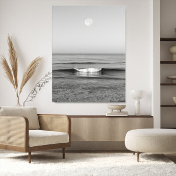 96234442-MGV-CV-24X36-Black White Ocean Scene Wall Art Canvas Print, Framed Full Moon Over Sea Art Picture Print, Tranquil Coastal Canvas Perfect