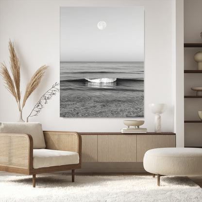 96234442-MGV-CV-24X36-Black White Ocean Scene Wall Art Canvas Print, Framed Full Moon Over Sea Art Picture Print, Tranquil Coastal Canvas Perfect