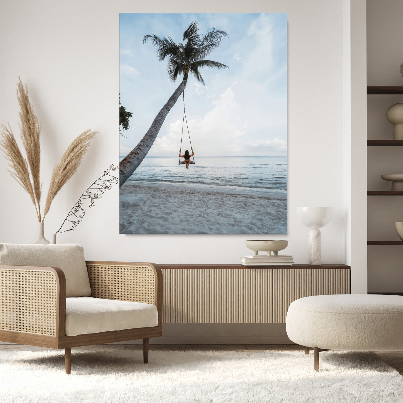 86062249-MGV-CV-24X36-Tropical Swing Wall Art Canvas Print, Framed Ocean Horizon Art Picture Print, Palm Trees Perfect Tropical Minimalist Decor Artwork