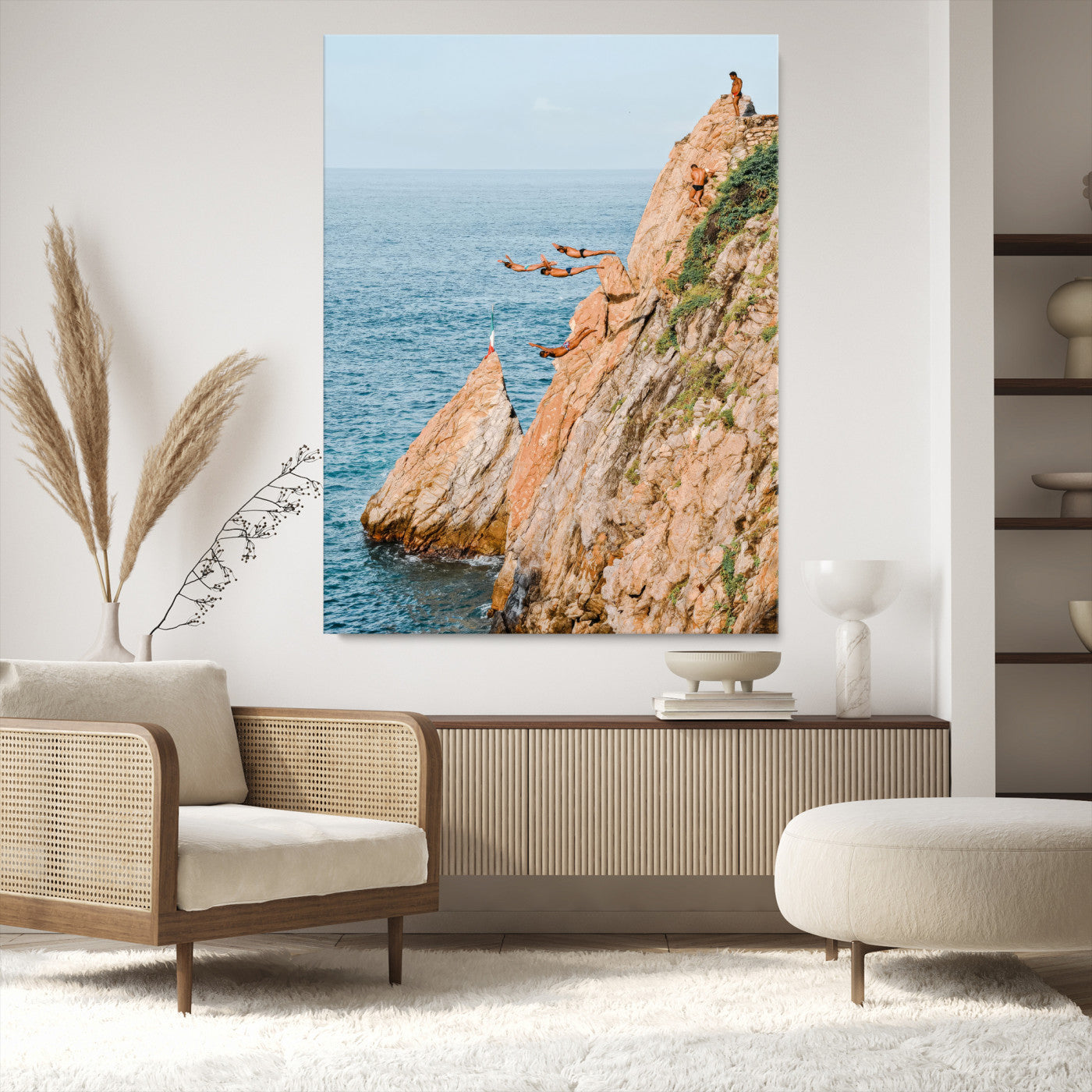 74527880-MGV-CV-24X36-Cliff Divers Wall Art Canvas Print, Framed Ocean Adventure Art Picture Print, Coastal Movement Perfect Adventurous Coastal Decor