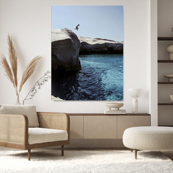 96853328-MGV-CV-24X36-Cliff Diving Wall Art Canvas Print, Framed Turquoise Sea Art Picture Print, Ocean Adventure Perfect Coastal Minimalist Decor