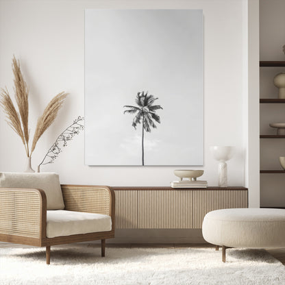 67263674-MGV-CV-24X36-Lone Palm Tree Wall Art Canvas Print, Framed Minimalist Tropical Art Picture Print, Monochrome Beach Perfect Modern Coastal