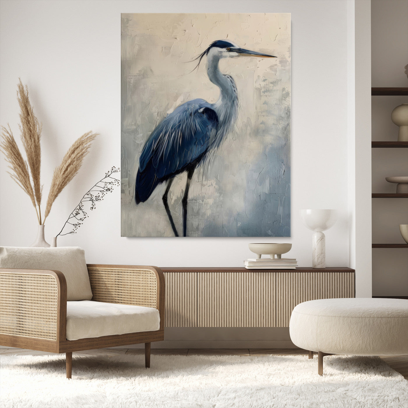51380726-MGV-CV-24X36-Blue Heron Decor Wall Art Canvas Print, Framed Coastal Bird Design Art Picture Print, Minimal Heron Portrait Perfect Coastal