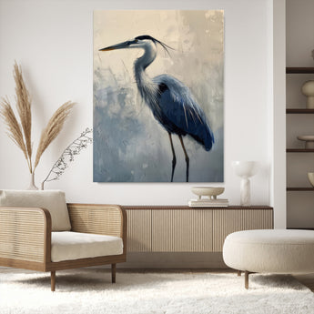 68368019-MGV-CV-24X36-Blue Heron Art Wall Art Canvas Print, Framed Crane Bird Painting Art Picture Print, Elegant Wildlife Scene Perfect Coastal
