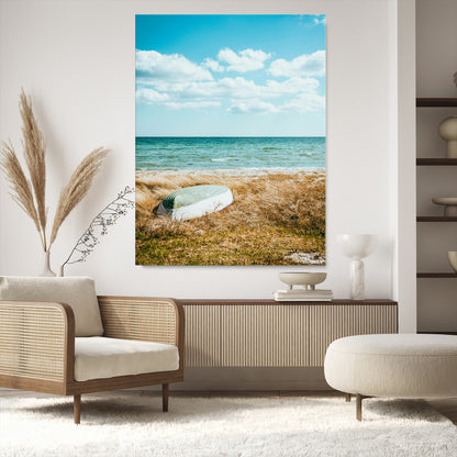21725303-MGV-CV-24X36-Coastal Serenity Wall Art Canvas Print, Framed Ocean View Art Picture Print, Rustic Boat Perfect Nautical Coastal Decor Artwork