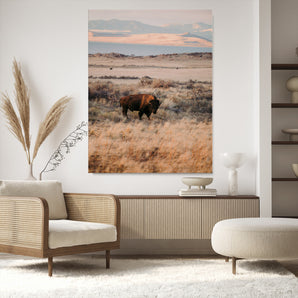 75146693-MGV-CV-24X36-Solitary Buffalo Wall Art Canvas Print, Framed Golden Prairie Art Picture Print, Earthy Tones Perfect Rustic Western Decor Artwork