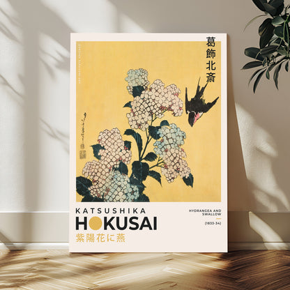 11004-MGV-CV-24X36-Hokusai Hydrangea Wall Art – Japanese Floral Canvas Print with Swallow Bird, Classic Ukiyo-e Nature Decor for Bedroom, Office or