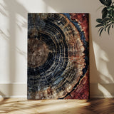 Test1-MGV-CV-24X36-Rustic Tree Ring Wall Art – Abstract Wood Grain Canvas Print, Natural Blue and Red Toned Artwork for Living Room, Bedroom, Office