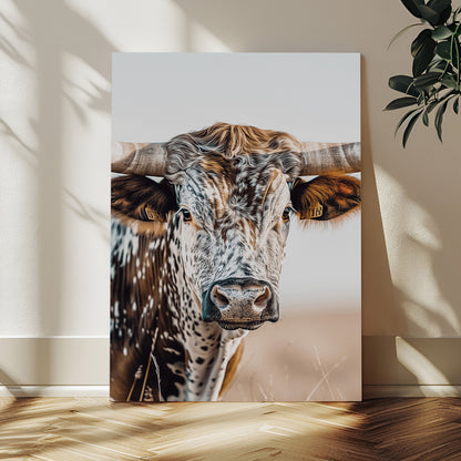 50803532-MGV-CV-24X36-Texas Longhorn Wall Art Canvas Print, Framed Speckled Cow Art Picture Print, Horned Bull Perfect Rustic Western Decor Artwork