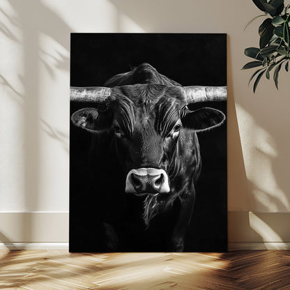 75358747-MGV-CV-24X36-Texas Longhorn Wall Art Canvas Print, Framed Monochrome Bull Art Picture Print, Horned Bull Perfect Minimalist Western Decor