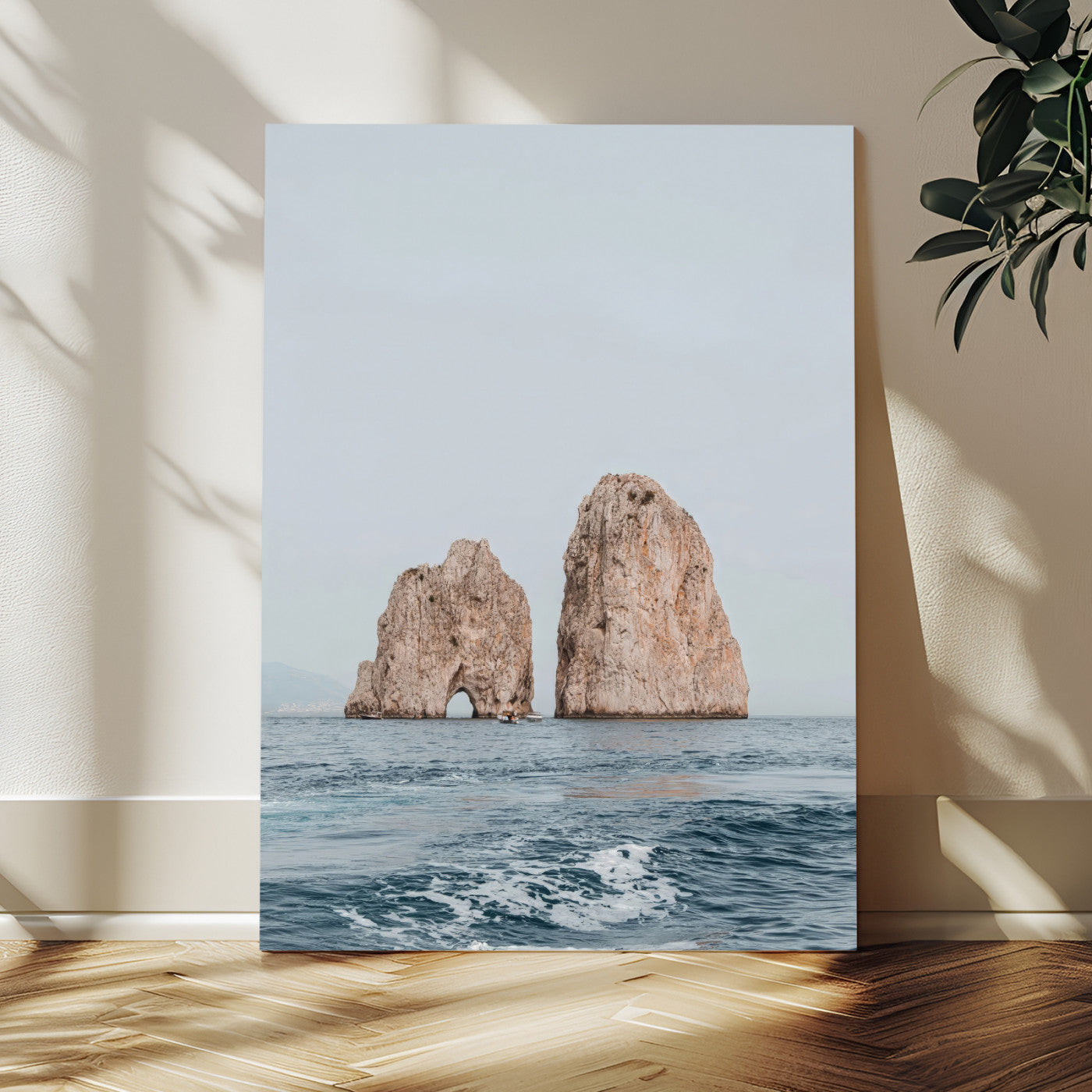23148844-MGV-CV-24X36-Faraglioni Capri Wall Art Canvas Print, Framed Serene Ocean Art Picture Print, Mediterranean Coastal Perfect Mediterranean