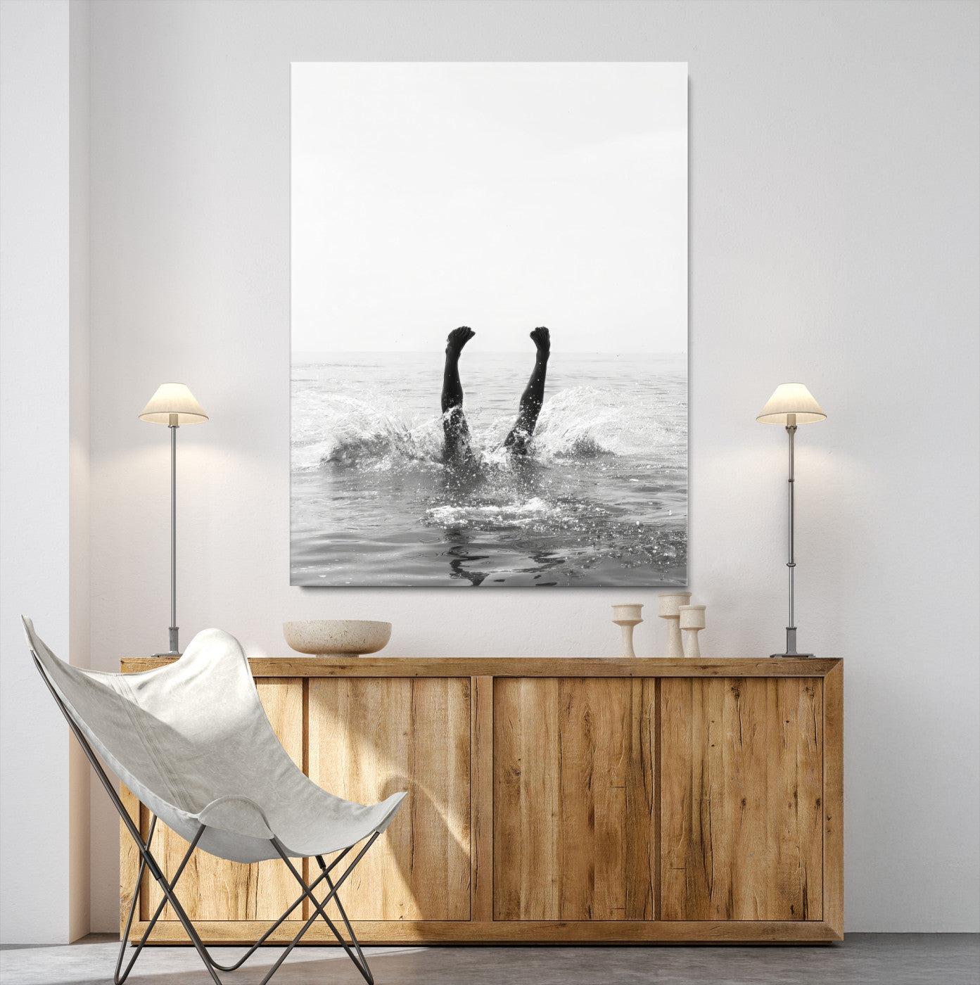 43900465-MGV-CV-24X36-Minimal Ocean Wall Art Canvas Print, Framed Monochrome Diving Art Picture Print, Swimmer in Sea Perfect Minimalist Coastal Decor