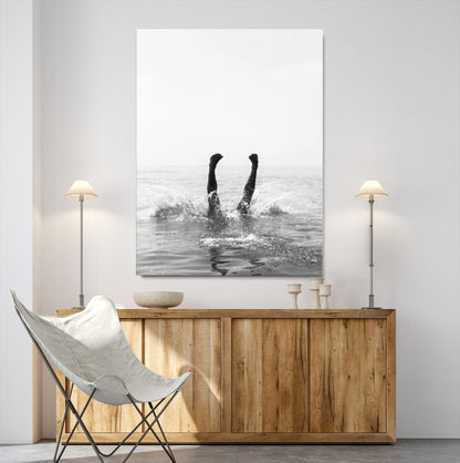 43900465-MGV-CV-24X36-Minimal Ocean Wall Art Canvas Print, Framed Monochrome Diving Art Picture Print, Swimmer in Sea Perfect Minimalist Coastal Decor