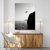99497106-MGV-CV-24X36-Cliff Jumping Wall Art Canvas Print, Framed Black White Ocean Art Picture Print, Monochrome Cliff Perfect Minimalist Adventure