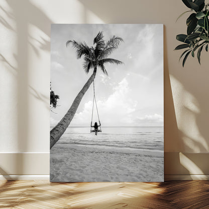 78460277-MGV-CV-24X36-Black White Palms Wall Art Canvas Print, Framed Beach Swing Art Picture Print, Monochrome Coastal Perfect Minimalist Coastal Decor