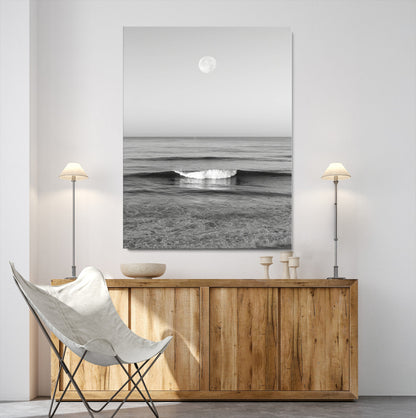 96234442-MGV-CV-24X36-Black White Ocean Scene Wall Art Canvas Print, Framed Full Moon Over Sea Art Picture Print, Tranquil Coastal Canvas Perfect