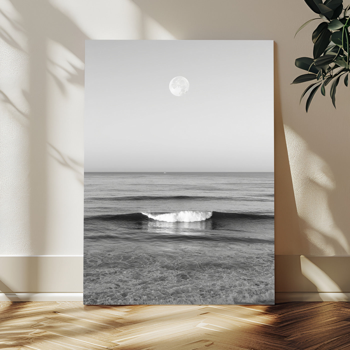 96234442-MGV-CV-24X36-Black White Ocean Scene Wall Art Canvas Print, Framed Full Moon Over Sea Art Picture Print, Tranquil Coastal Canvas Perfect