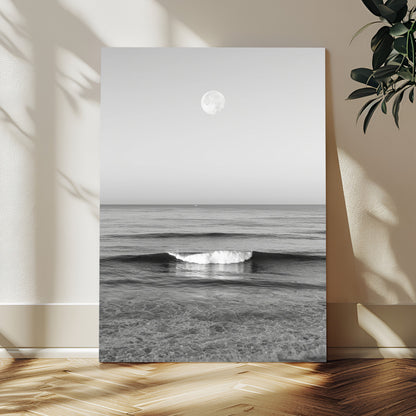 96234442-MGV-CV-24X36-Black White Ocean Scene Wall Art Canvas Print, Framed Full Moon Over Sea Art Picture Print, Tranquil Coastal Canvas Perfect