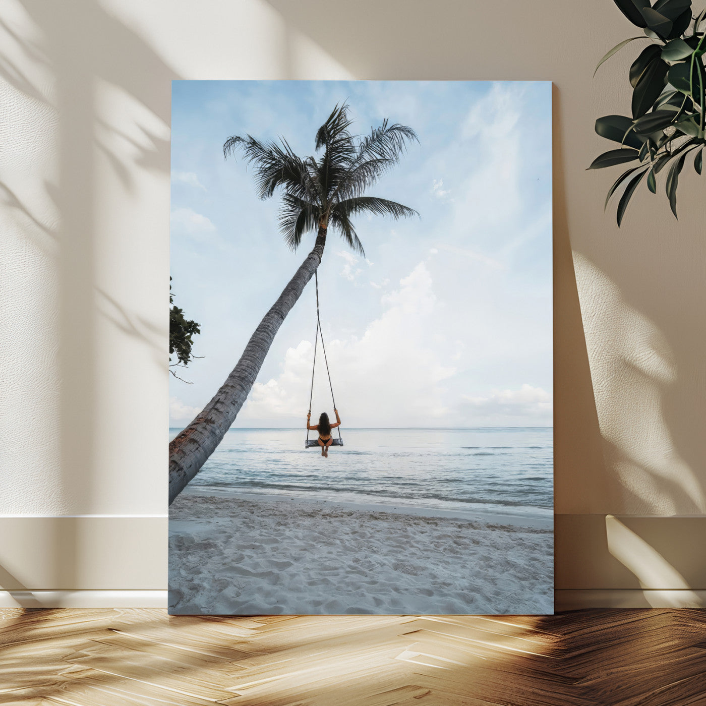 86062249-MGV-CV-24X36-Tropical Swing Wall Art Canvas Print, Framed Ocean Horizon Art Picture Print, Palm Trees Perfect Tropical Minimalist Decor Artwork