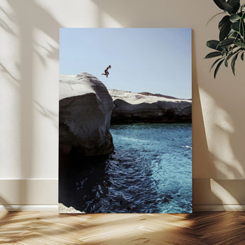 96853328-MGV-CV-24X36-Cliff Diving Wall Art Canvas Print, Framed Turquoise Sea Art Picture Print, Ocean Adventure Perfect Coastal Minimalist Decor