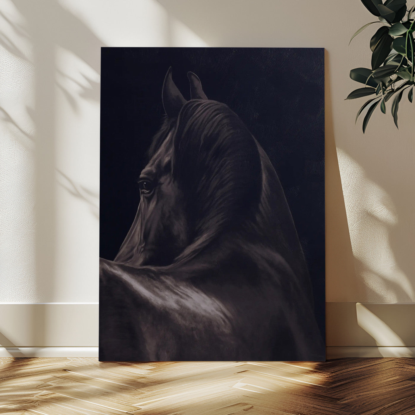 67026880-MGV-CV-24X36-Black Horse Portrait Wall Art Canvas Print, Framed Moody Horse Decor Art Picture Print, Equestrian Wall Style Perfect Masculine