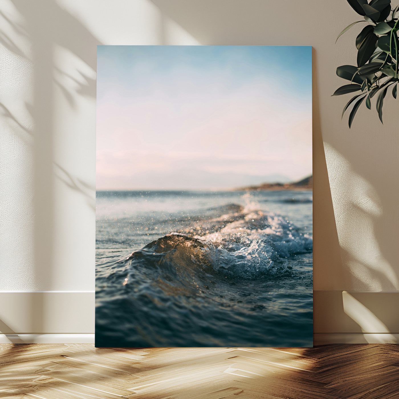65283502-MGV-CV-24X36-Ocean Waves Wall Art Canvas Print, Framed Coastal Serenity Art Picture Print, Golden Hour Perfect Modern Coastal Decor Artwork