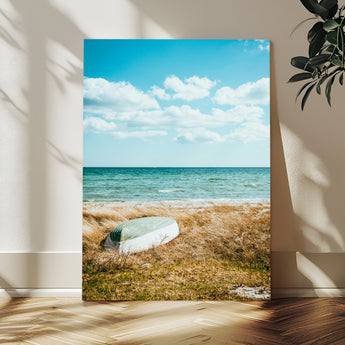 21725303-MGV-CV-24X36-Coastal Serenity Wall Art Canvas Print, Framed Ocean View Art Picture Print, Rustic Boat Perfect Nautical Coastal Decor Artwork