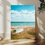 21725303-MGV-CV-24X36-Coastal Serenity Wall Art Canvas Print, Framed Ocean View Art Picture Print, Rustic Boat Perfect Nautical Coastal Decor Artwork