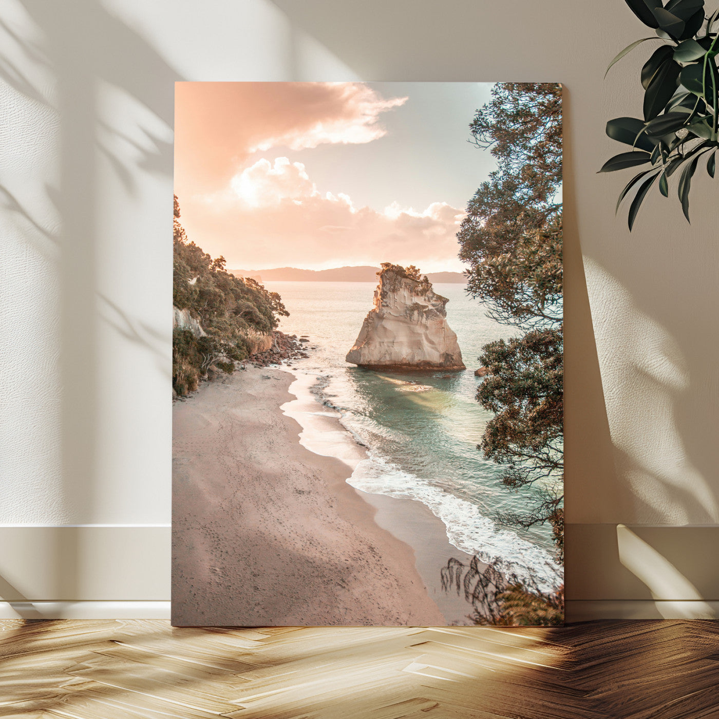 34220311-MGV-CV-24X36-Coastal Rock Wall Art – Sunset Beach Canvas Print with Ocean Waves and Golden Light, Scenic Seaside Photography for Bedroom,