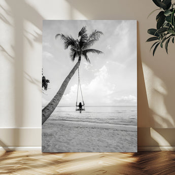 41303063-MGV-CV-24X36-Coastal Wall Art – Palm Tree Swing Black and White Canvas Print, Tropical Beach Photography Decor for Bedroom, Living Room,