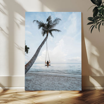 62893825-MGV-CV-24X36-Tropical Palm Tree Swing Wall Art – Ocean Beach Photography Print, Coastal Decor, Wanderlust Travel Photo for Boho Homes & Beach