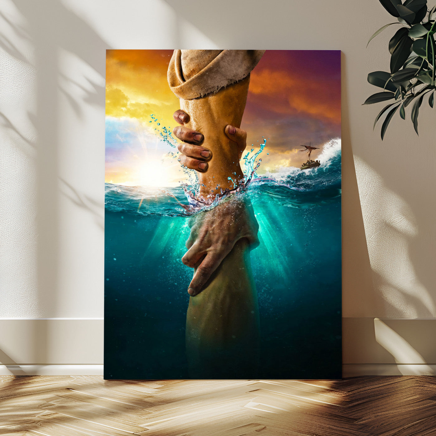 68298058-MGV-CV-24X36-Inspirational Wall Art – Helping Hands Canvas Print, Powerful Ocean and Light Photography Decor for Bedroom, Living Room, Office
