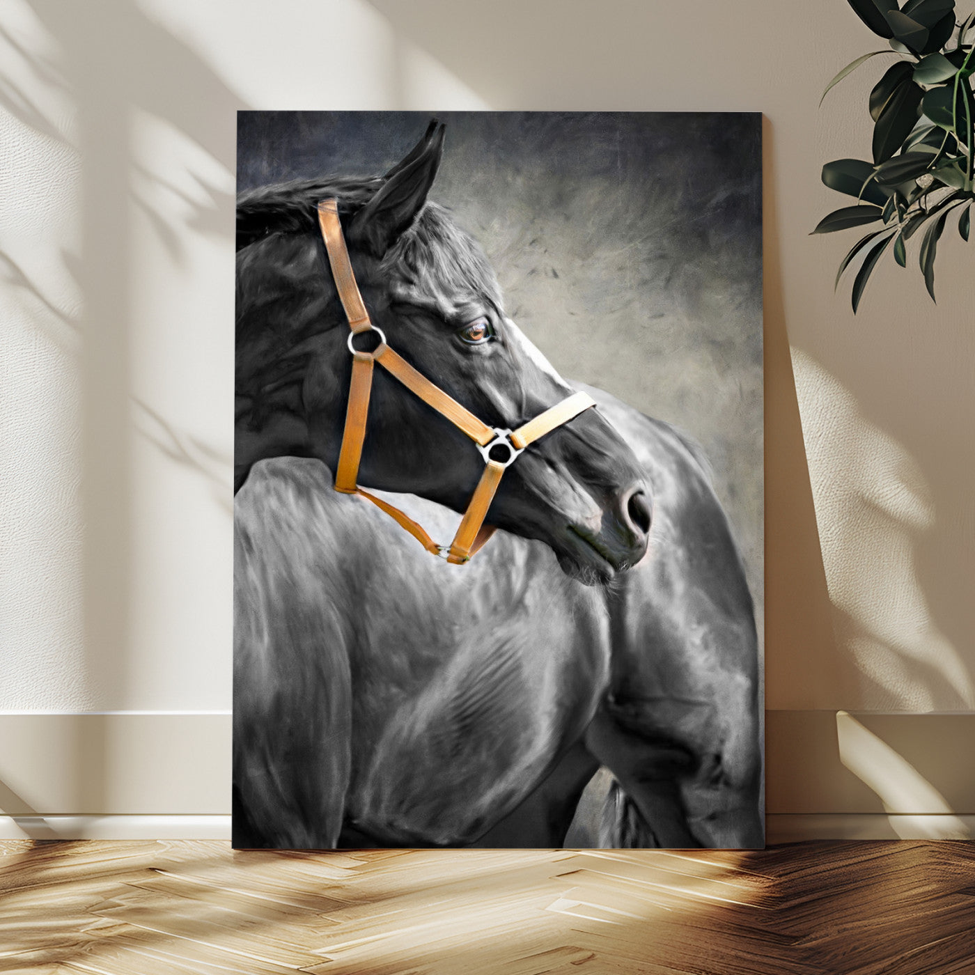 40324916-MGV-CV-24X36-Horse Wall Art – Equestrian Canvas Print, Elegant Black Stallion Portrait with Golden Halter, Rustic Western Photography Decor for