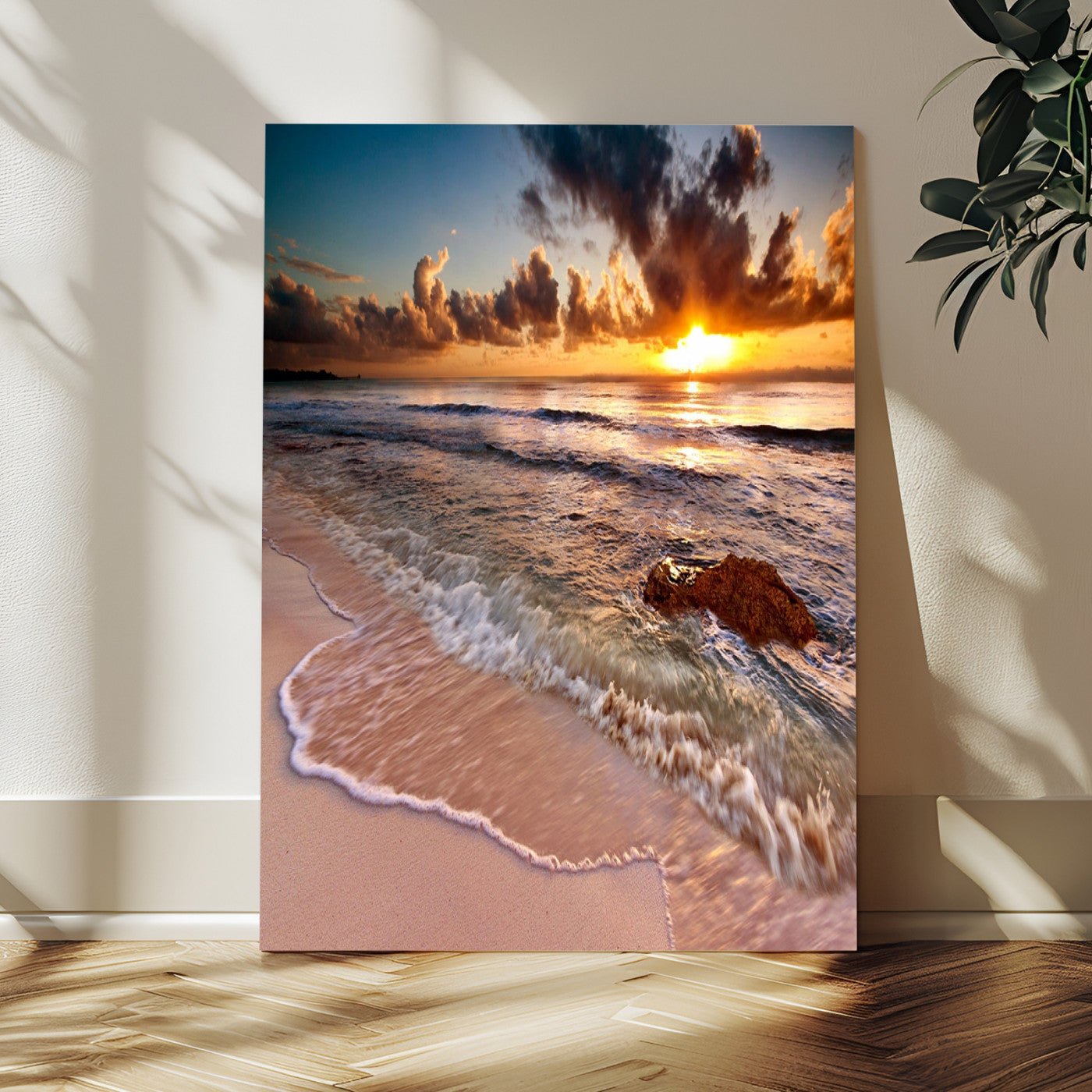 14930-MGV-CV-24X36-Beach Sunset Wall Art Canvas Print, Framed Ocean Horizon Art Picture Print, Tropical Shore Perfect Minimalist Coastal Decor